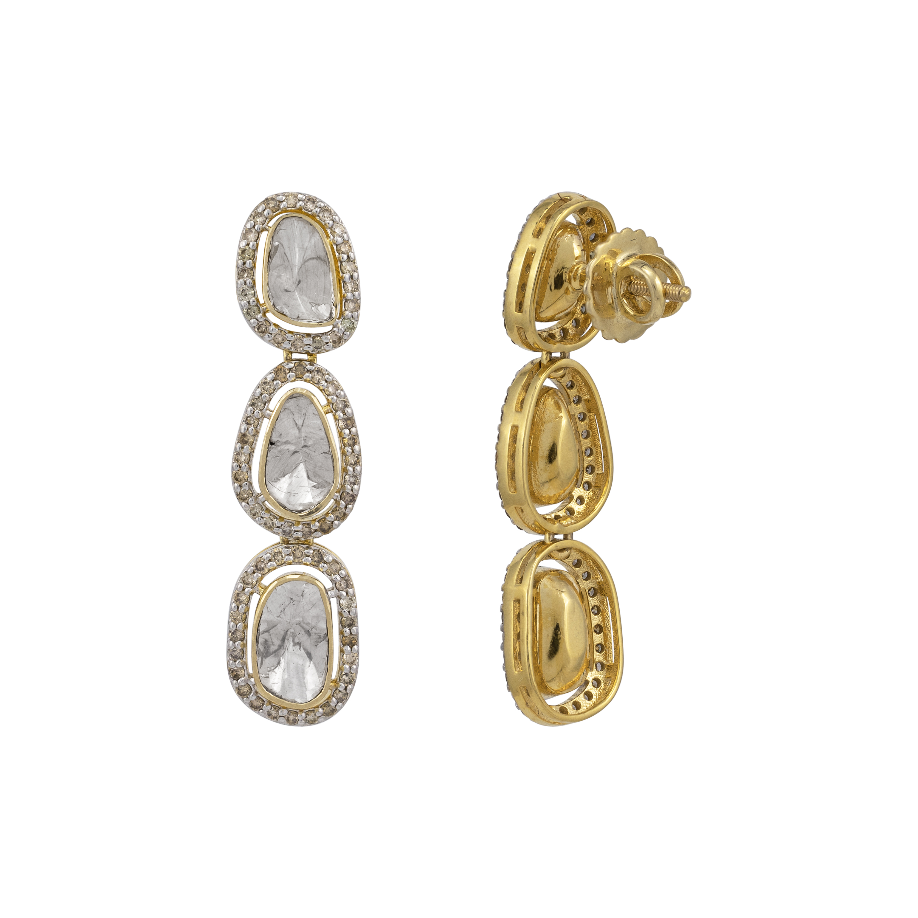 Tri-Tier Polki Earring with Full-Cut Diamond Halo Borders